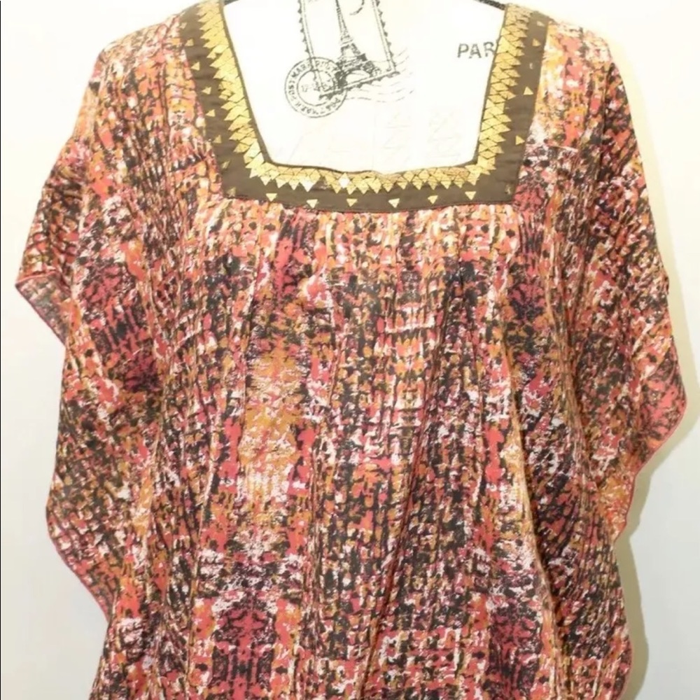 Calvin Klein Women Boho Blouse Tunic Beach Red Brown Tribal Print Sequins L